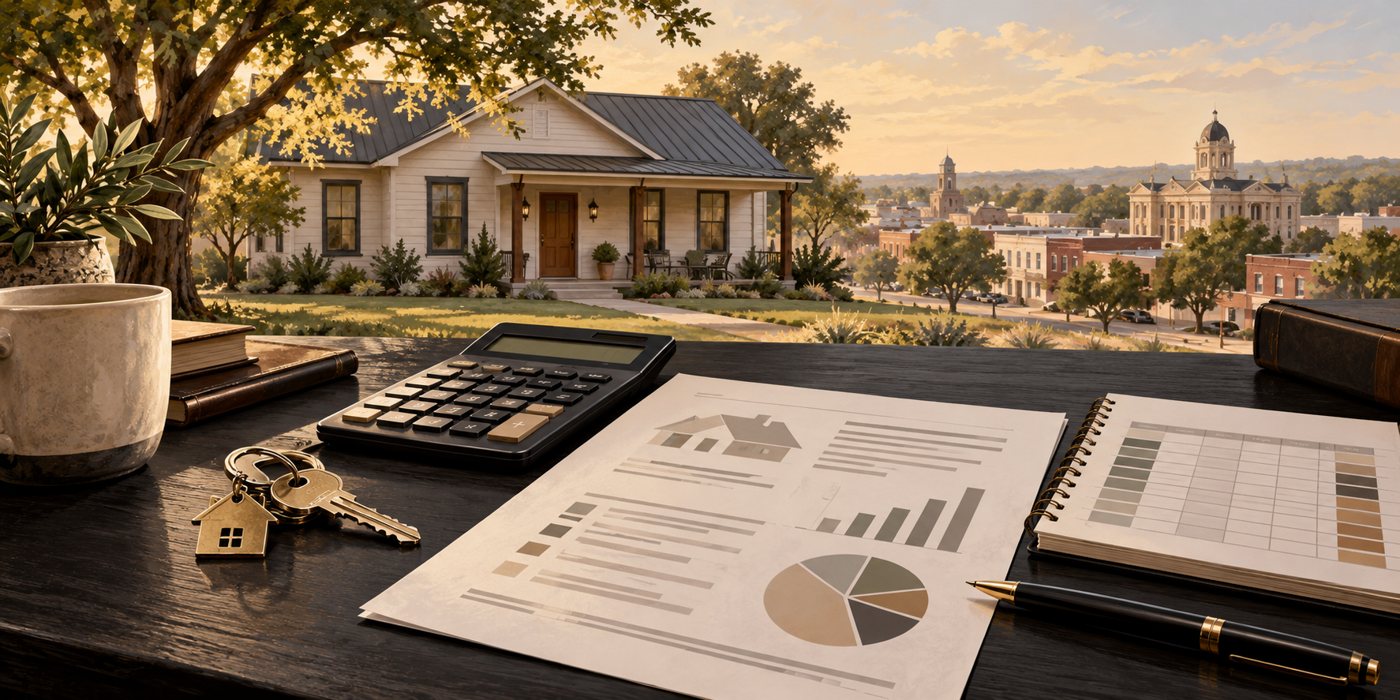 AI editorial illustration of a rental-home key, calculator and abstract tax papers on a dark desk; not an actual property or tax document.